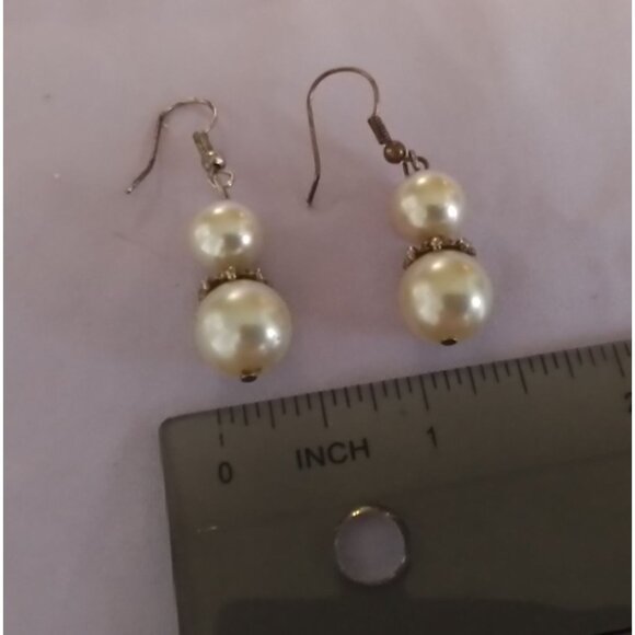Vintage Faux Pearl Dangle Earrings With Silver Tone Accents - Picture 2 of 3